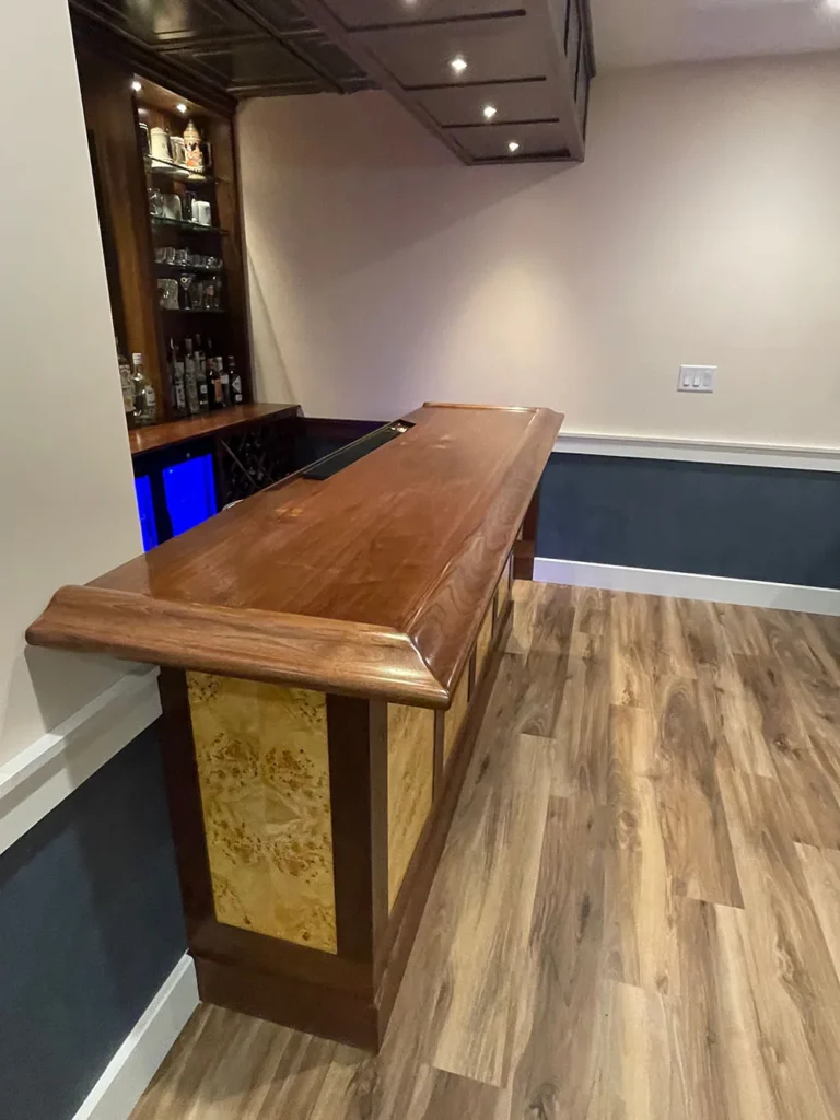 Side view of tab bar without bar stools, built with materials from Hardwoods Incorporated.